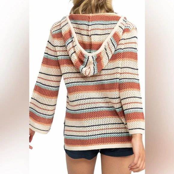 Roxy Striped V-Neck Hooded Knit Sweater with Tassel Ties - Cream & Rust - Picture 2 of 7